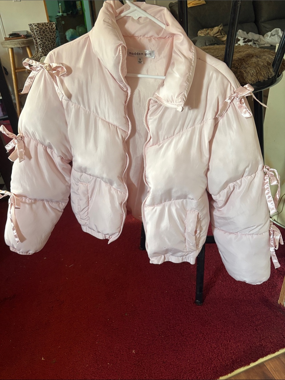 Madden Girl Light Pink Puffer Jacket with Bow Ties